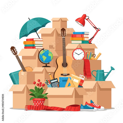 Moving House Concept with Cardboard Boxes and Household Items - Relocation and Storage Service Vector Illustration