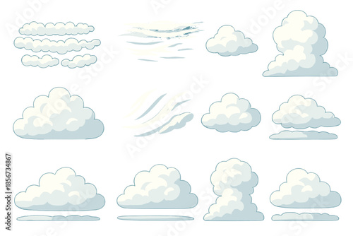 Collection of stylized cartoon clouds and wind wisps