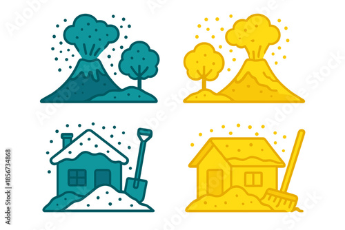 Set of disaster icons with volcano and snow