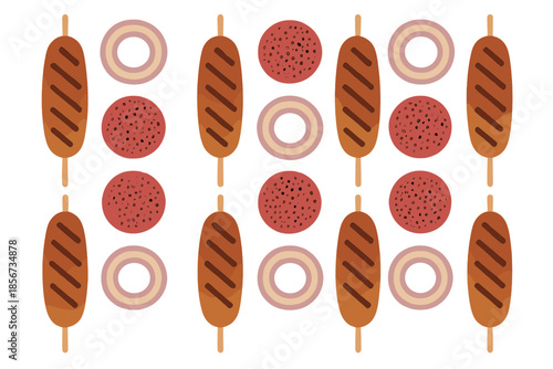 Seamless pattern of hot dogs and pepperoni slices on sticks