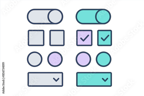 UI elements with toggles, checkboxes, radio buttons, and dropdowns