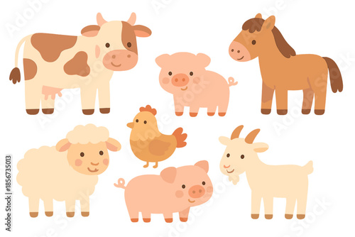 Cute cartoon farm animals with glowing effect