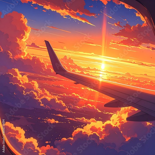 Plane view of sunset over clouds. Artistic rendering with strong orange hues and light