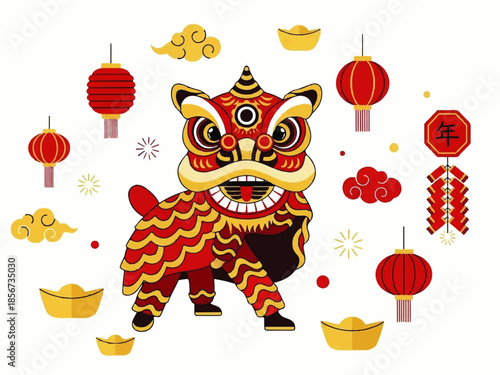 A vibrant Flat Design Ilustration Vector of a lion dance creature surrounded by red lanterns, golden coins, and festive decorations on a white background.