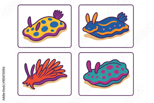 Four cartoon nudibranchs in a grid