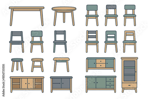 Collection of cartoon furniture items on a gradient background