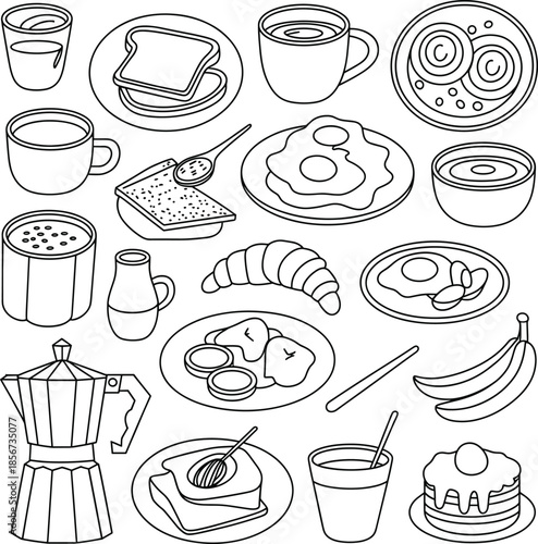 Breakfast food and drink line black and white coffee