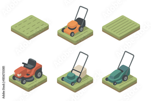 Isometric lawnmowers and grass fields with glowing effects