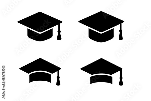 Four graduation caps in a grid, dark silhouette on gray background