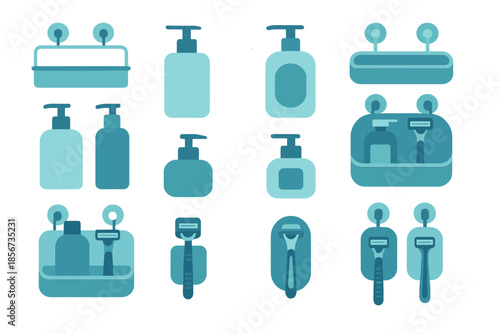 Bathroom hygiene accessories arranged in a grid