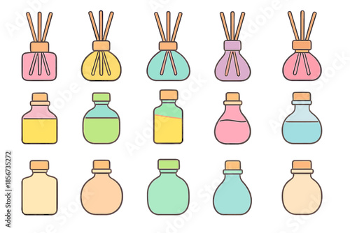 Collection of colorful diffuser bottles and perfume bottles with glowing effect