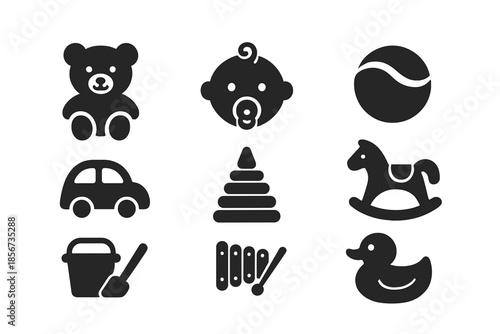 Collection of Dark Baby Toys Icons on Black Background