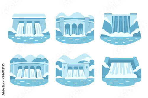 Collection of stylized dam icons with water flowing