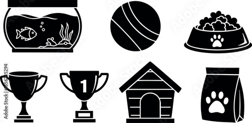 Pet care and sports icons including fishbowl, basketball, dog food bowl, trophies, doghouse, and pet food bag vector set