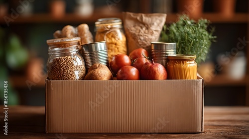 Cardboard donation box filled with various canned foods and dry goods set against a warm blurred home interior background for charity use.