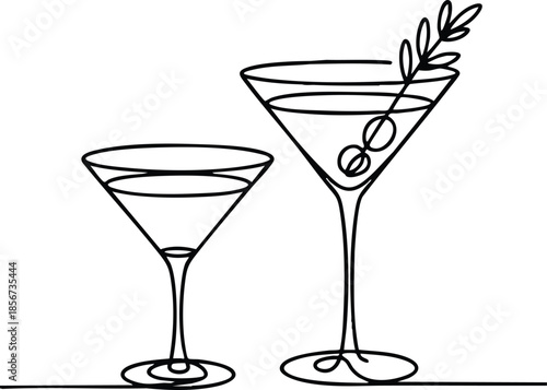 Line Art Libations, The Martini Duo, Minimalist Midnight Toast, A Single-Line Soirée, silhouette, illustration, vector
