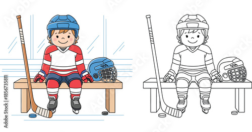 Little ice hockey player boy sitting on bench with stick and helmet, vector cartoon illustration with black and white coloring book outline.