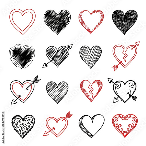 Collection Of Hand Drawn Heart Shapes With Arrows And Decorative Elements For Romantic Design