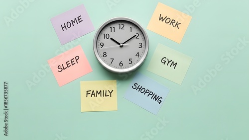 Clock surrounded by sticky notes representing daily life balance and time management