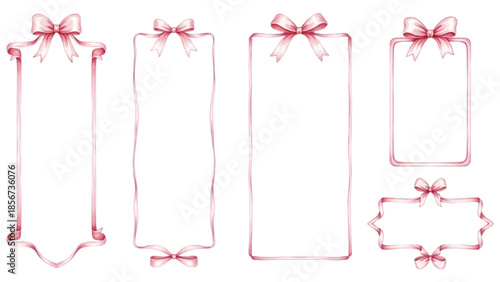 Watercolor Pink Ribbon Frames Set with Bows, Decorative Blank Borders, Elegant Label Clipart Templates