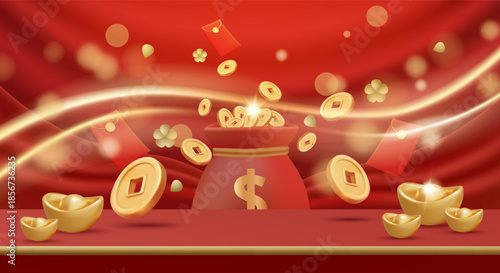 3D vector illustration of red money bag with flying gold coins and ingots. Concept for chinese new year wealth celebration and lucky fortune. Luxury and premium festive holiday background design.