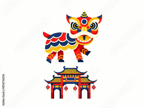 A vibrant Flat Design Ilustration Vector of a mythical creature above a traditional Chinese gate, showcasing colorful, stylized elements with bold lines and geometric patterns on a clean