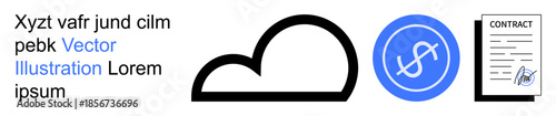 Cloud computing, finance, data protection, legal documents, digital infrastructure, security. A cloud icon, currency symbol and contract. Cloud computing and finance concept