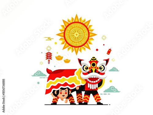 Vector flat design illustration of a lion dance performance with a sun and mountains in a vibrant, celebratory scene.