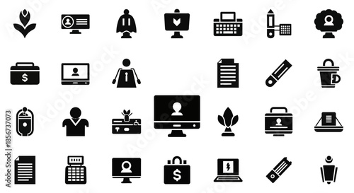 A professional businesswoman works diligently on her laptop in a modern bright office space