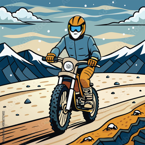 Motorcyclist braving cold overcast weather on mountain vector art 