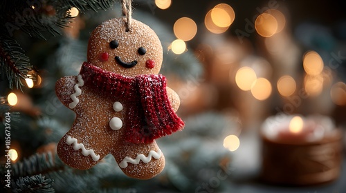 Wallpaper Mural Gingerbread man cookie ornament hanging on a Christmas tree branch with red scarf detail and sugar texture surrounded by warm fairy lights. Torontodigital.ca