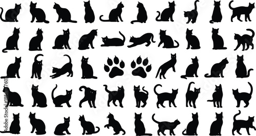 Black Cat Silhouette Collection, Domestic Pet Vector Set, Sitting Stretching Walking Feline Shapes, Animal Paw Prints for Graphic Design Projects,