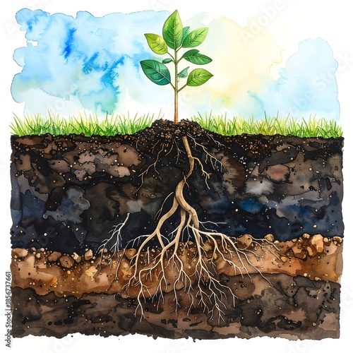 Plant roots stretching deeply in layered soil, beneath green grass and sun-dappled sky, illustration