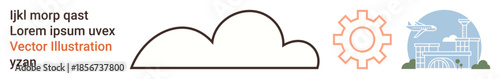Technology, tourism, innovation, cloud storage, mechanics, travel concepts. Outlined cloud shape, illustrated gear scenic architectural landmark. Technology and tourism-focused elements