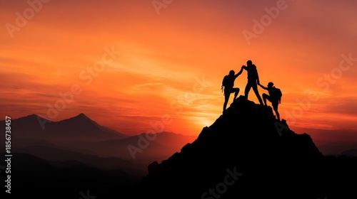 Silhouette of a team helping each other reach the mountain peak at sunrise, one person celebrating success against scenic mountains, symbol of teamwork, leadership, motivation and shared achievement

