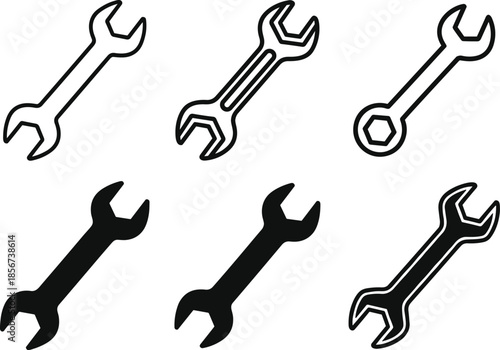 Collection of wrench tools and spanner icons in various styles for mechanic work