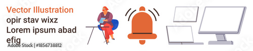 Work environment, alert systems, digital workspace, business technology, office productivity, remote work. A woman sits at a desk with an alarm icon and computer monitors. Work environment and alert