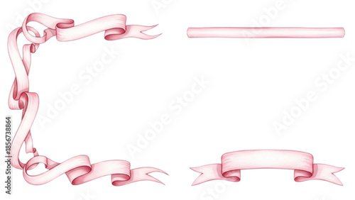 Watercolor Pink Ribbon Banners and Corner Frame Set, Decorative Scroll Borders, Blank Label Clipart Elements