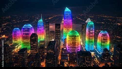 New York City Skyline at Night with Rainbow-Colored Skyscrapers and Vibrant Lights.