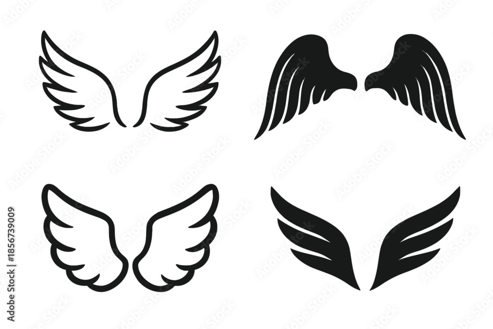 Fototapeta premium Four sets of stylized wings on a dark background