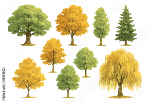 Array of Trees in Autumnal and Springtime Hues with Glowing Effect