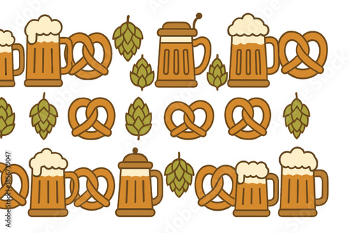 Beer Mug, Pretzel, and Hop Pattern on Brown Gradient Background