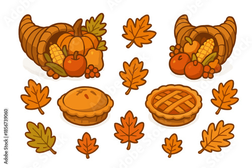 Thanksgiving Cornucopia and Pies with Autumn Leaves