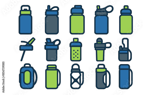 Collection of colorful water bottles and drinkware icons on a dark background