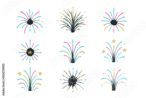 Collection of colorful fireworks bursts on a dark background
