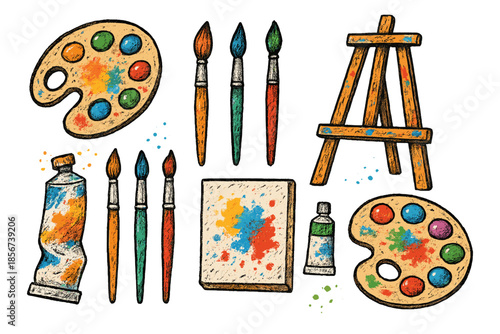 Art supplies including palettes, paint tubes, brushes, and easel