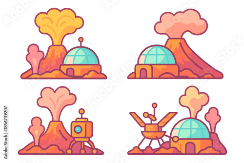 Four cartoon alien planet landscapes with volcanoes and domes