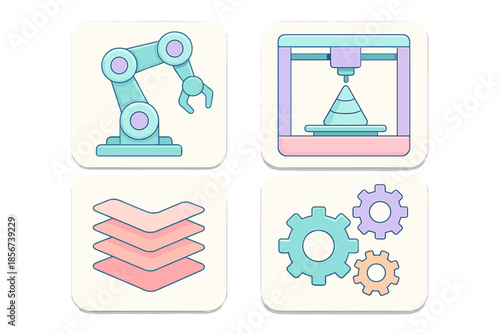 Set of four icons representing manufacturing and technology