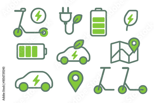 Green electric vehicle and transportation icons