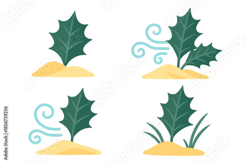 Four elemental icons with glowing leaves and wind